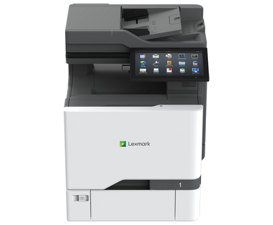 Side view of Lexmark CX735adse with paper output tray.