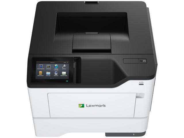 Lexmark MS632dwe black and white laser printer, front view highlighting compact design.