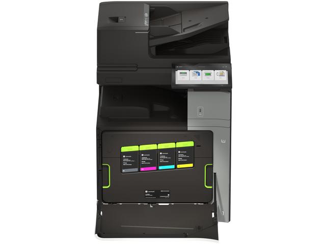 Front view of the Lexmark CX963se printer with its paper tray and internal components open, showcasing accessibility for maintenance.