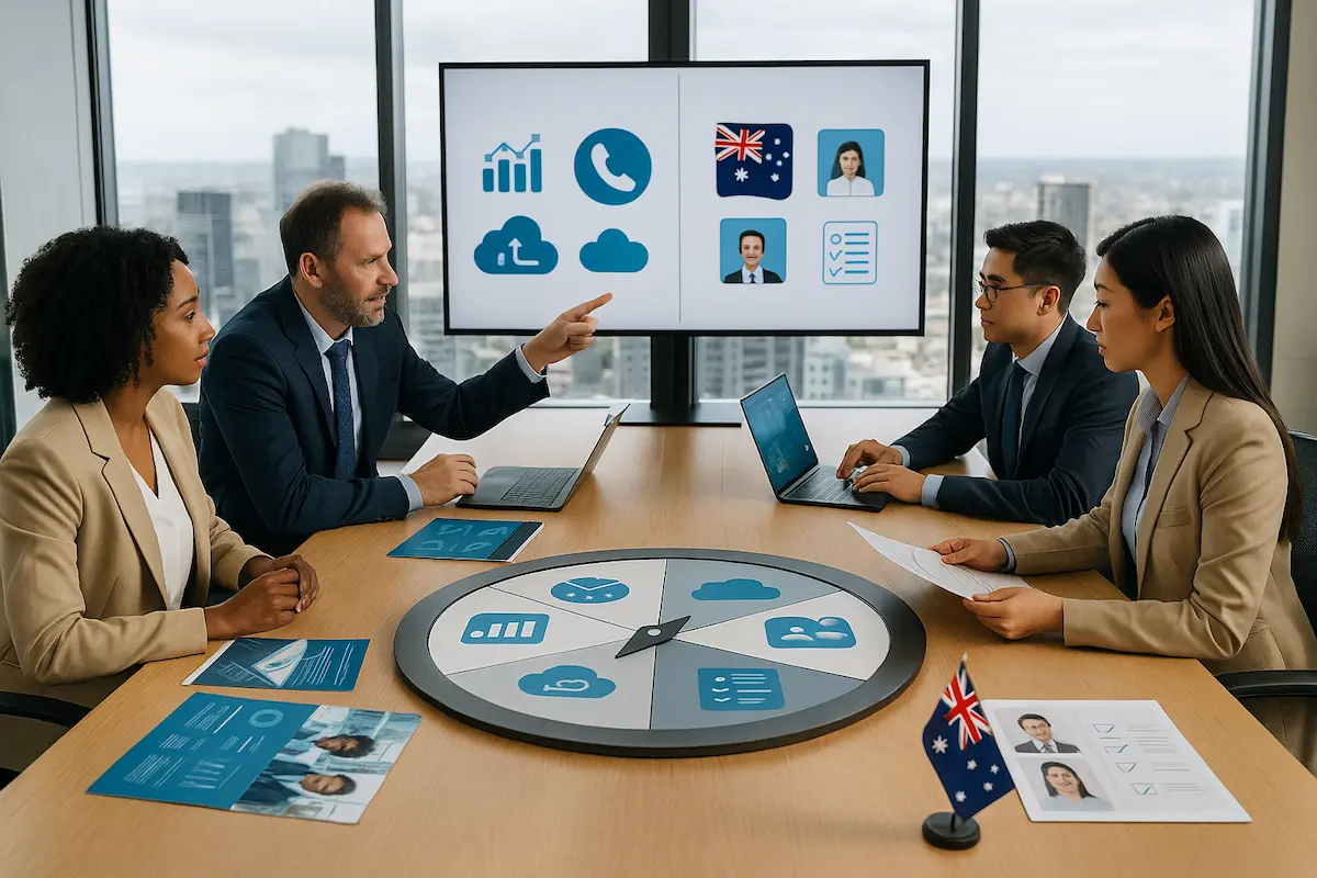 Business team in a meeting discussing types of business phone systems in Australia, with icons for VoIP, PBX, cloud phone, and NBN systems displayed on a screen.