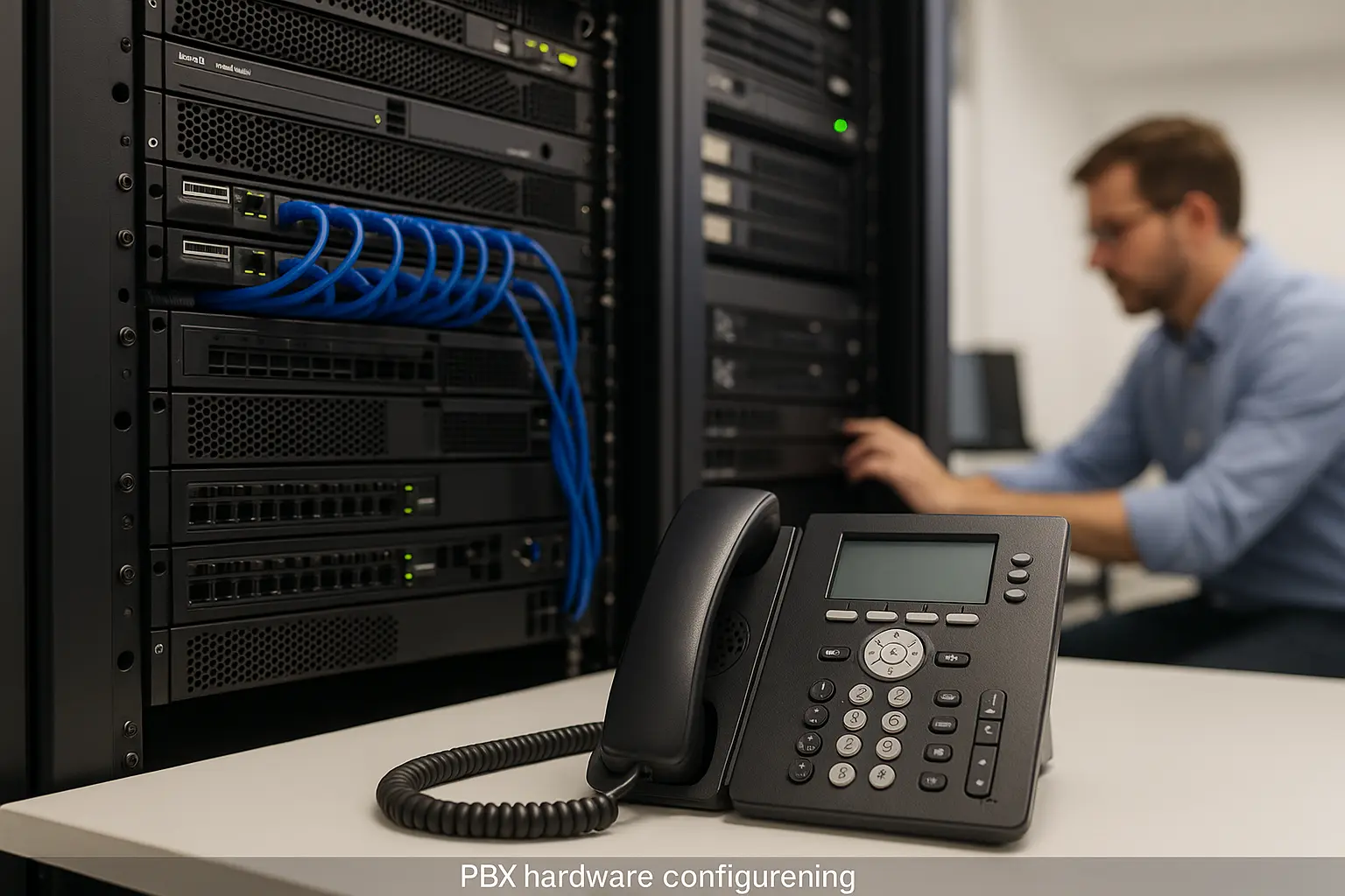 On-premise VoIP setup with PBX servers, ethernet cables, and voip phones connected in a corporate server room.