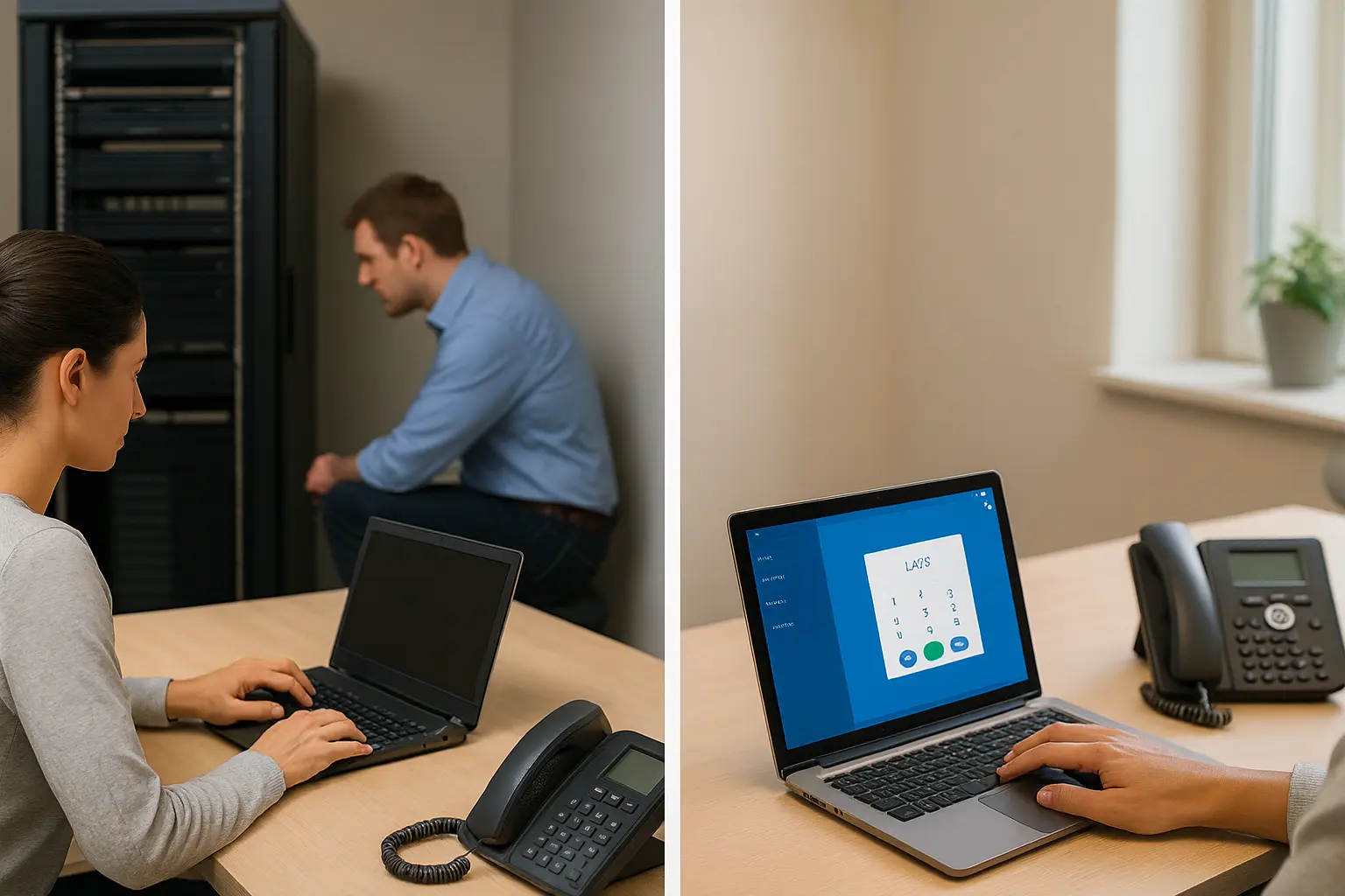 Side-by-side office setups showing on-premise PBX server with voip phones compared to a hosted cloud based phone system, illustrating cloud based phone system vs VoIP.