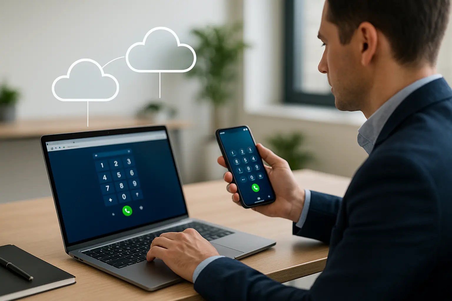 Business professional using laptop and smartphone with cloud based phone system apps instead of traditional voip phones.