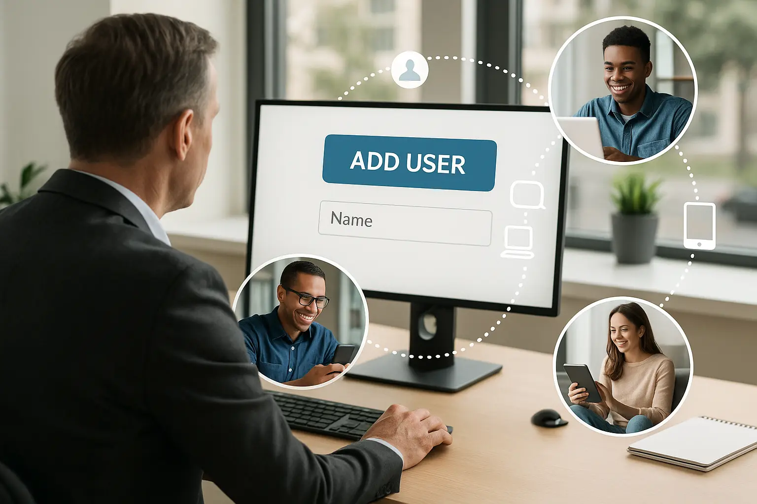 Office manager using a cloud based phone system dashboard to add users instantly, replacing manual VoIP phone setup.