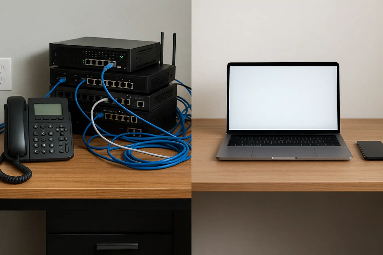 Two side-by-side desks comparing traditional voip phones and servers with a clean laptop-only cloud based phone system, representing cloud based phone system vs VoIP costs.