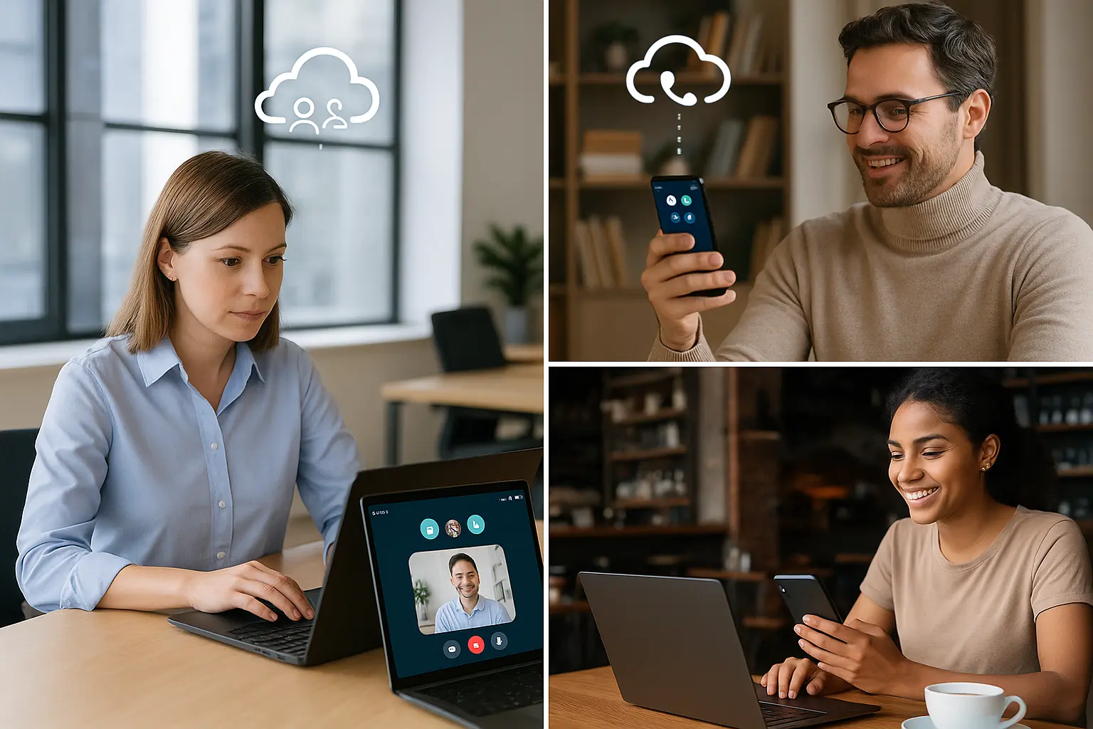 Hybrid team connecting from office, home, and café using cloud based phone system apps instead of desk voip phones.