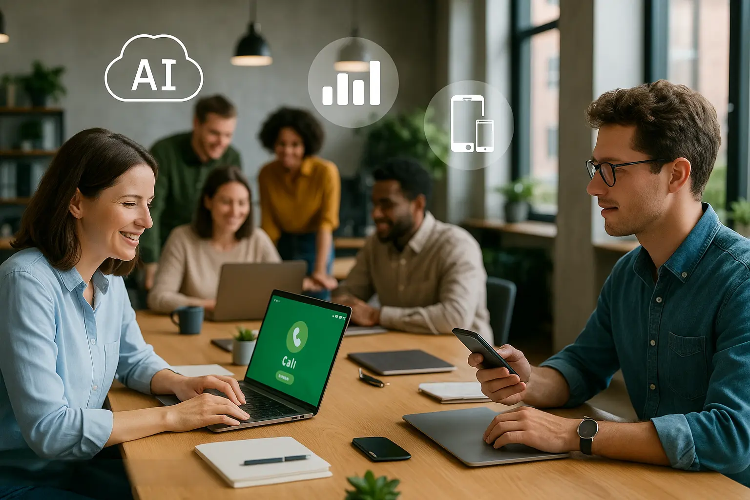 Team in coworking space using cloud based phone system apps with overlays of AI, analytics, and mobile integration, contrasting with voip phones.