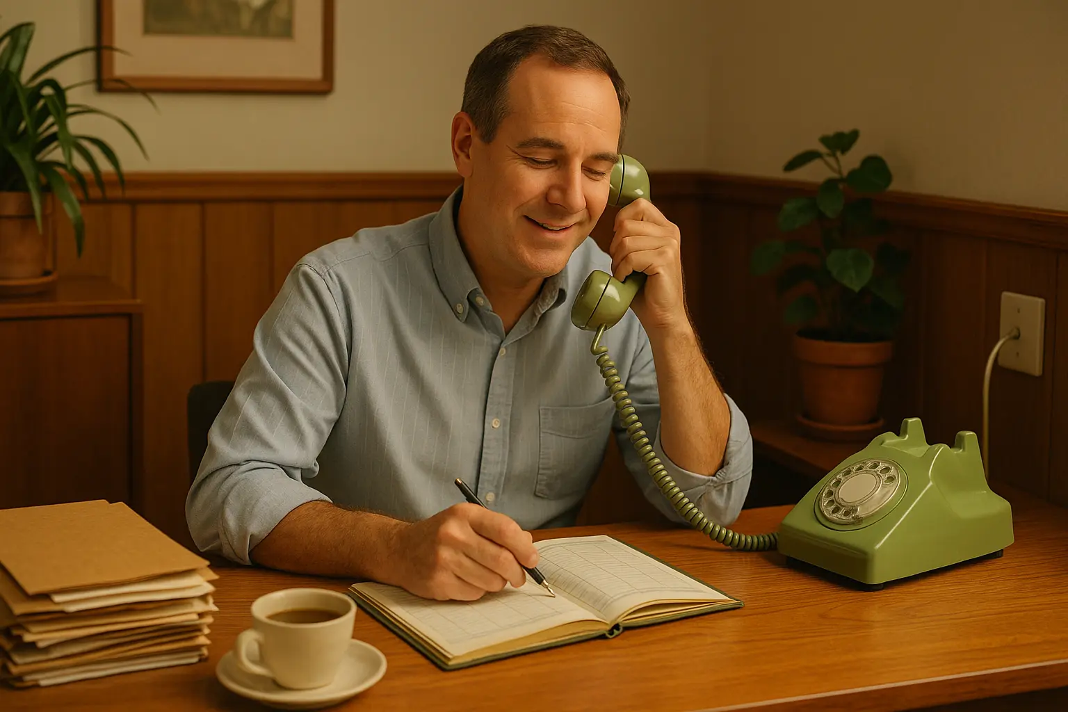 Man using a vintage rotary phone at his desk, writing in a notebook, representing outdated business phone systems.