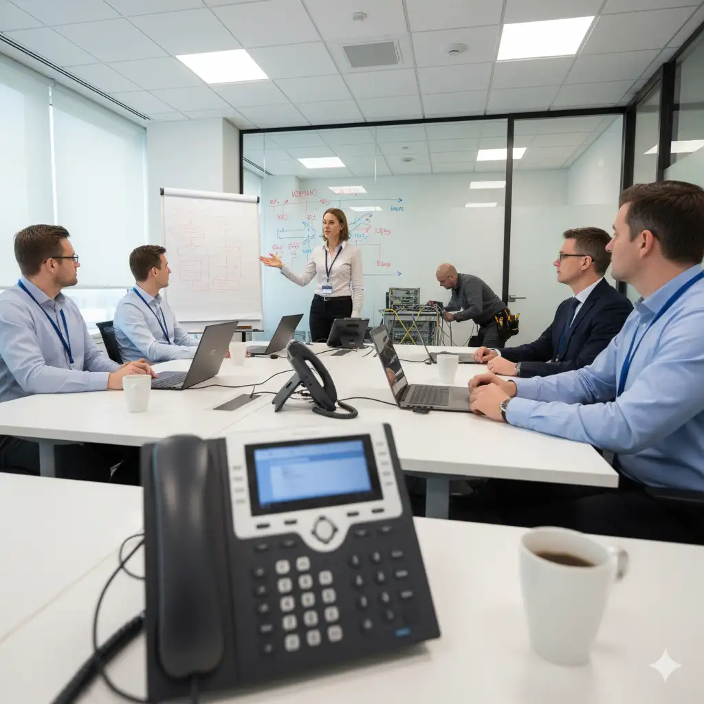 Team in a meeting room discussing strategies supported by business phone systems for small businesses.