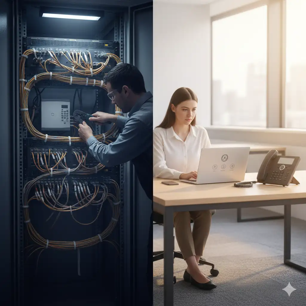 Technician working in a server room contrasted with employee using business phone systems for small businesses on a laptop.