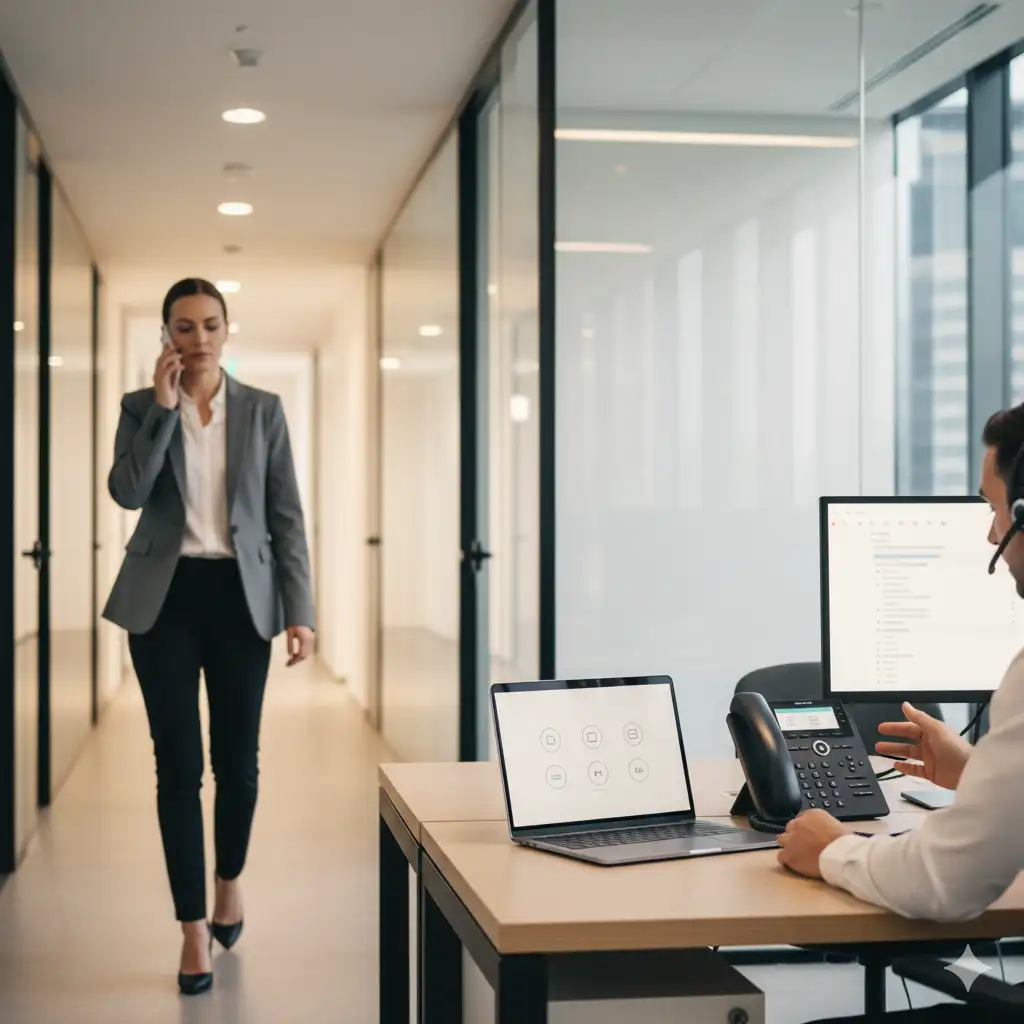 Office professionals using business phone systems for small businesses with laptops and desk phones.