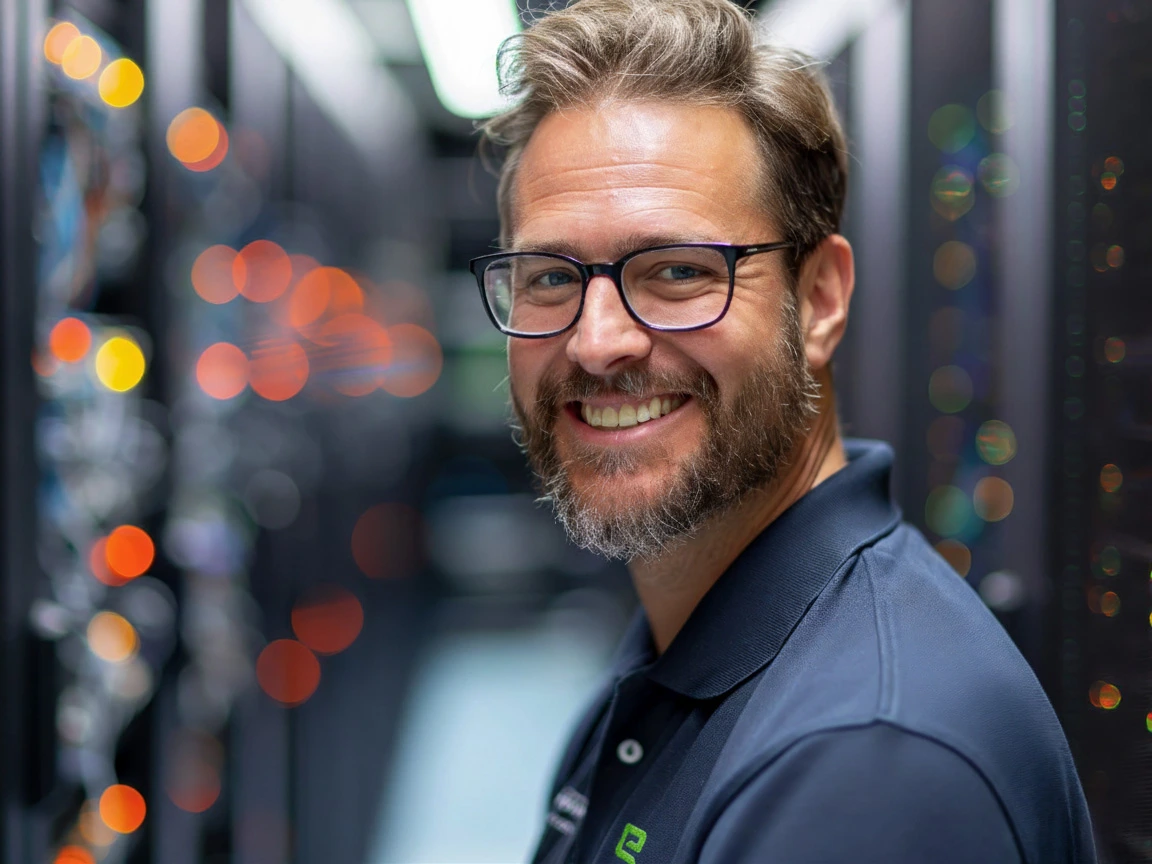 Bob, ICT expert team member, smiling in a server room with IT network equipment in the background.
