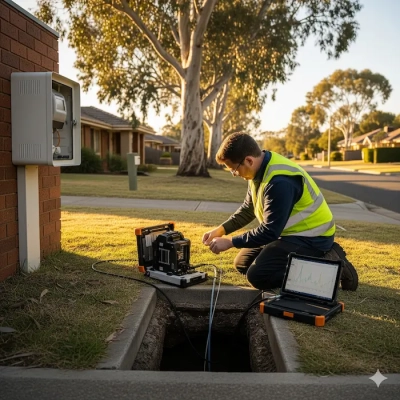 Technician installing fibre for nbn speed upgrade in Australian suburb.