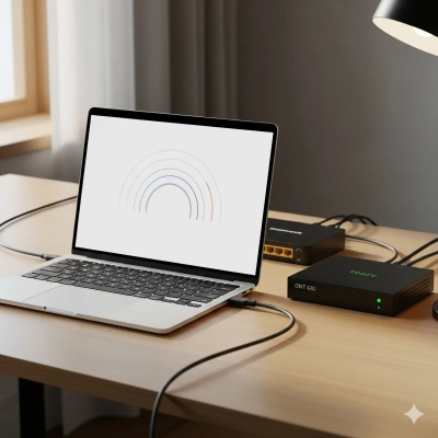 Laptop connected to NBN gigabit modem, symbolising nbn speed upgrade.