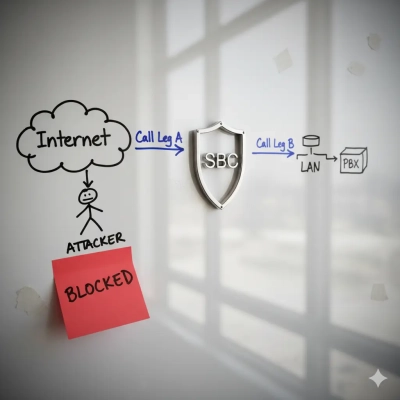 Whiteboard diagram showing how a session border controller protects business phone systems for small businesses from internet-based attackers.