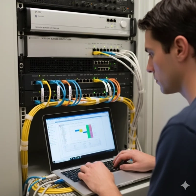 Engineer configuring a session border controller and IP-PBX in a rack using a laptop; practical toip voip setup.