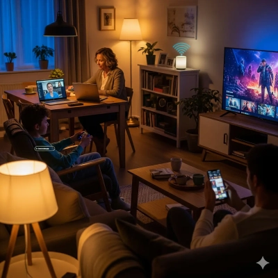 Family streaming, gaming, and working online together after nbn speed upgrade.