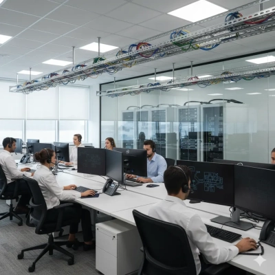Modern operations floor with agents on headsets and server racks behind glass; enterprise toip voip environment.