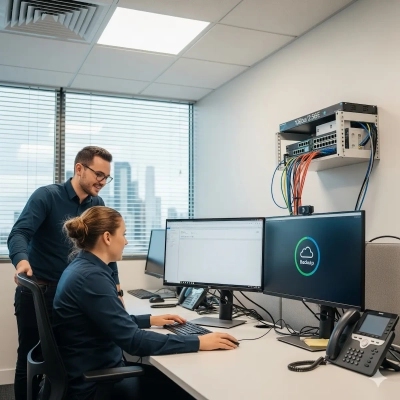 IT professionals managing servers in office after nbn speed upgrade.