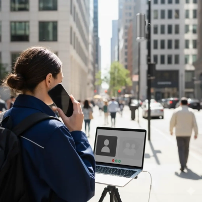 Mobile professional on a city street using a smartphone and laptop for a call; flexible toip voip communications.