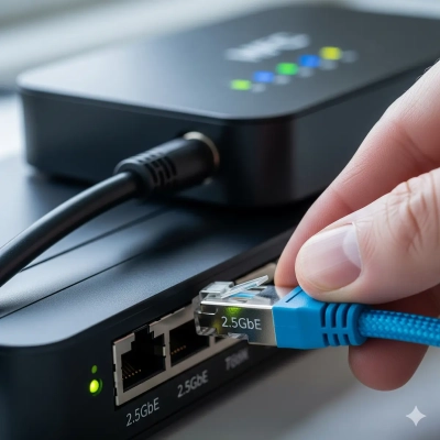 Close-up of hand connecting Ethernet cable to modem, representing faster nbn speed upgrade.