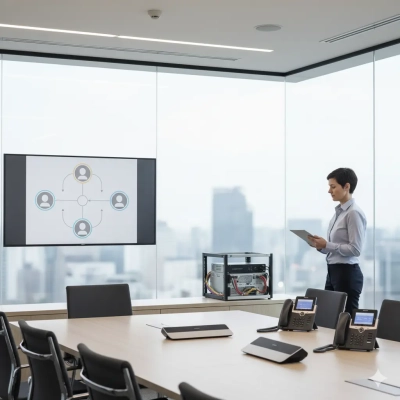 Boardroom with IP desk phones, conference gear, and a compact network rack; hybrid meeting on toip voip.