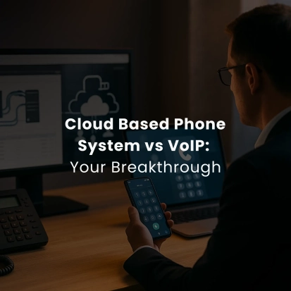 Business professional at desk comparing voip phones dashboard on one screen and a cloud based phone system app on another, representing cloud based phone system vs VoIP.