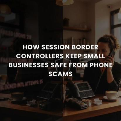 Small business owner using a desk phone in a café protected by session border controller security within business phone systems for small businesses.