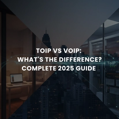 Editorial cover graphic blending city skyline, office desk, and network rack with headline overlay; toip voip theme.