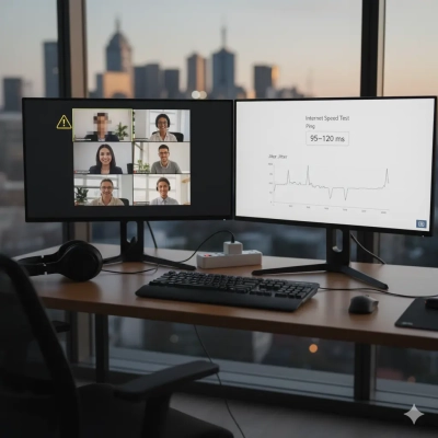 Dual monitors displaying a video call and internet speed test jitter results.