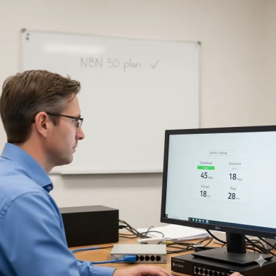 Professional testing internet speed on a desktop computer in an office.