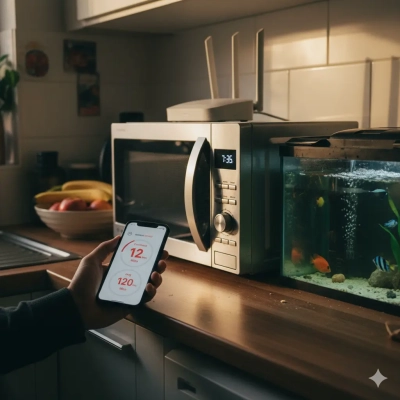 Person using a smartphone to run an internet speed test near household electronics.