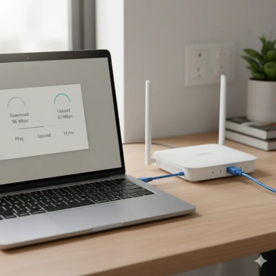 Laptop connected by Ethernet cable running an internet speed test beside a router.