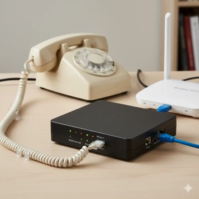 Retro landline connected through a modern adapter and router, showing how to use a traditional phone with VoIP.