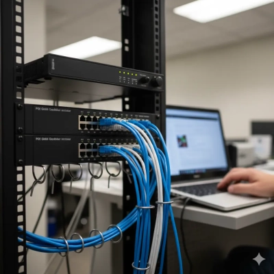 Networking equipment and cabling set up to support a phone with VoIP in an office environment.