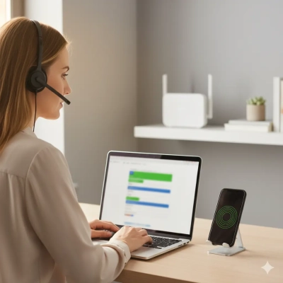 Professional woman working remotely using a headset, laptop, and phone with VoIP connection.