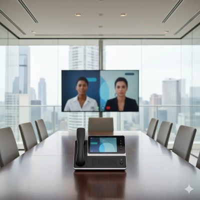 Conference room setup with video meeting display and phone with VoIP on the table.