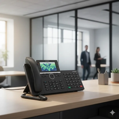 Close-up of a modern office desk featuring a phone with VoIP.
